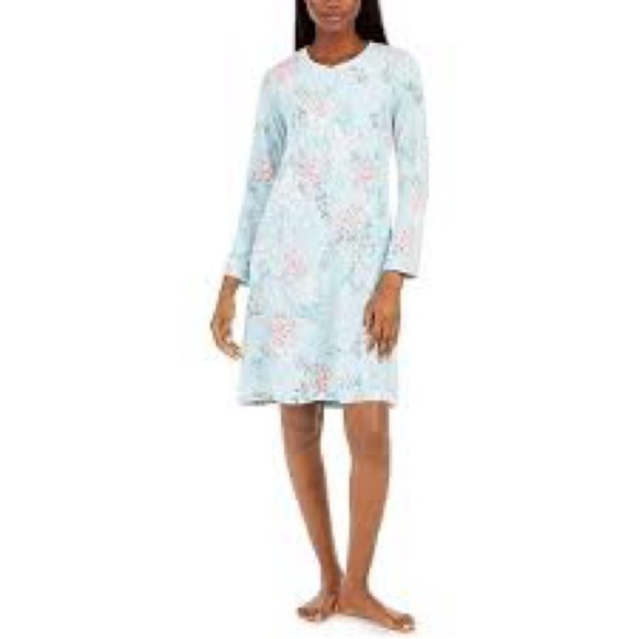 Miss Elaine Aqua Lavender Floral Long Sleeve Nightgown Size Medium - Picture 1 of 7